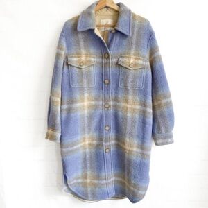 Aritzia Wilfred Free Ganna Long Shirt Jacket Zen Blue White Plaid Size XS